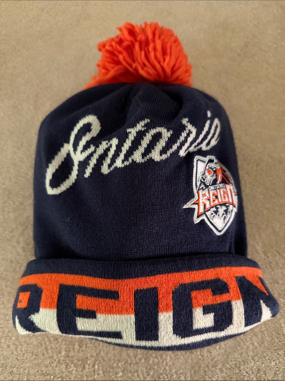 CCM Navy White and Orange Ontario Reign Pom Beanie